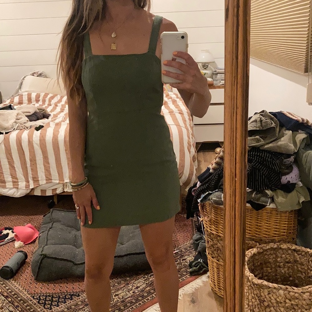 Green linen square neck dress